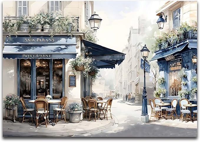 Modern Framed Street View Wall Art European Coffee Shop Canvas Print, Contemporary City Scene Painting, Vintage Cafe Artwork for Kitchen Dining Room Living Room, Bedroom Home Decor, Multi Size