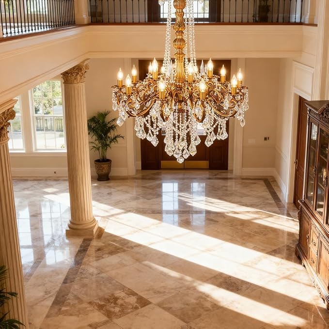 Antique Crystal Chandelier, 15-Lights Gold Bronze Candle Pendant Ceiling Light Fixture with K9 Crystals for Hotel, Living Room, Bedroom, Kitchen Island, Hallway, Dia 32"