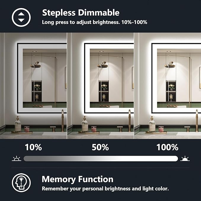 36x30 Inch LED Bathroom Mirror with Lights (Front Lit and Backlit) Black Framed Lighted Vanity Mirror for Bathroom Wall Dimmable Anti-Fog Memory Tempered Glass Horizontal/Vertical