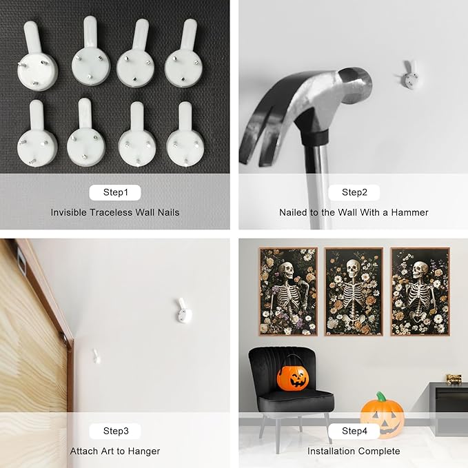 LHIUEM 16”X24”X3-Large Halloween Skeleton Canvas Wall Art Vintage Botanical Art Prints Skull Flowers Pictures Halloween Moody Dark Skull Framed Wall Decor Romantic Rose Spooky Artworks for home office