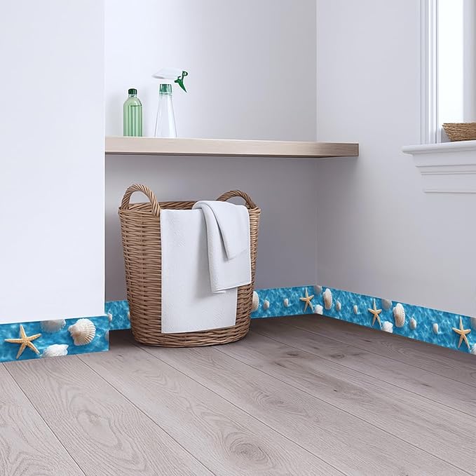 Coastal Seashell Wallpaper Border 196x4 Inch Peel and Stick Wall Border Self Adhesive Starfish Beach Removable Vinyl Trim for Living Room Bedroom Bathroom Kitchen Cabinet Decoration
