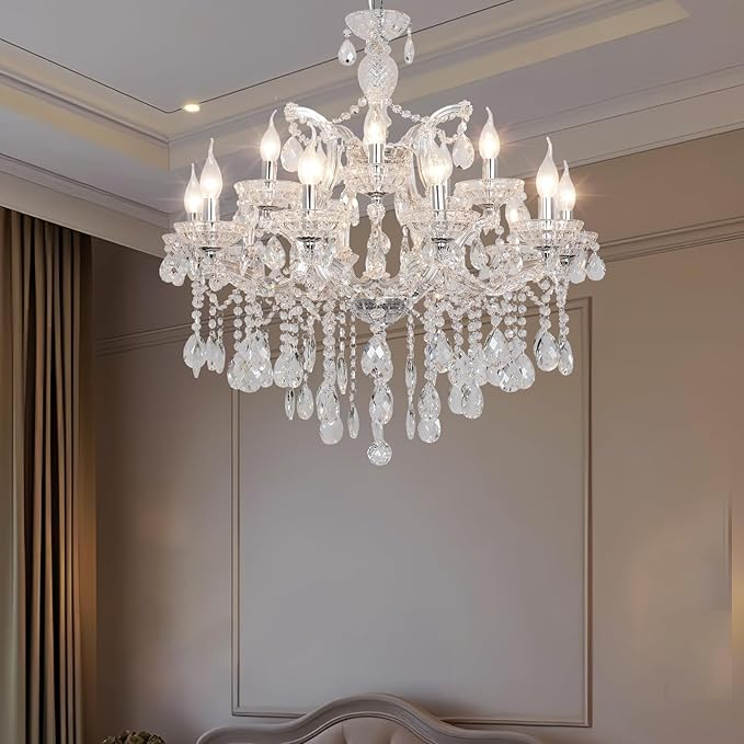 Modern Chrome Chandelier Light Fixture - Luxurious Maria Theresa Crystal Chandeliers for Dining Room, Kitchen Island, Living Room, Staircase, 15 Lights, 2 Layers