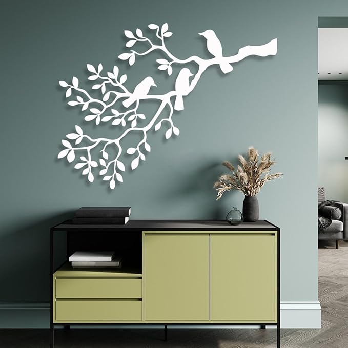 Metal Bird Wall Art, Birds on Branch, Metallic Branches, Metal Tree Branch Wall Art, Metal Wall Art Nature, Metal Wall Art, Metal Wall Decor for Living Room, Wall Hangings (47"x36" | 120x91 cm, Silver)