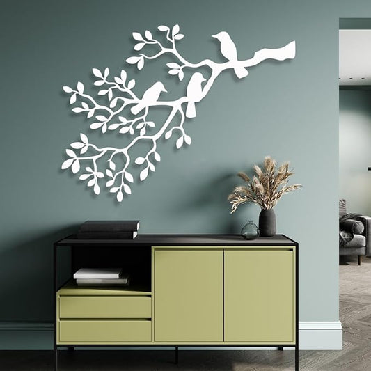 Metal Bird Wall Art, Birds on Branch, Metallic Branches, Metal Tree Branch Wall Art, Metal Wall Art Nature, Metal Wall Art, Metal Wall Decor for Living Room, Wall Hangings (47"x36" | 120x91 cm, White)