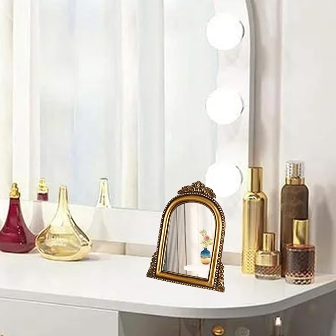 OIGUMR Smaller Vintage Gold Ornate Baroque Mirror Vanity Desk Table Mirror Arched Makeup Mirror with Resin Frame 9.6X6.5 inch