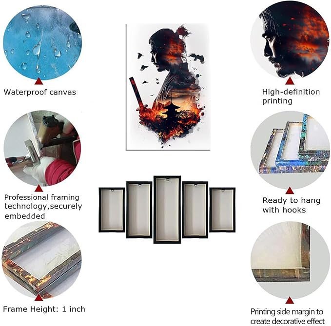 Japanese Samurai Canvas Wall Art Prints Armored Knights Wall Decor Canvas Painting Medieval Poster Framed for Living Room Bathroom Bedroom Office Home Decor Framed (12''W x 16''H)