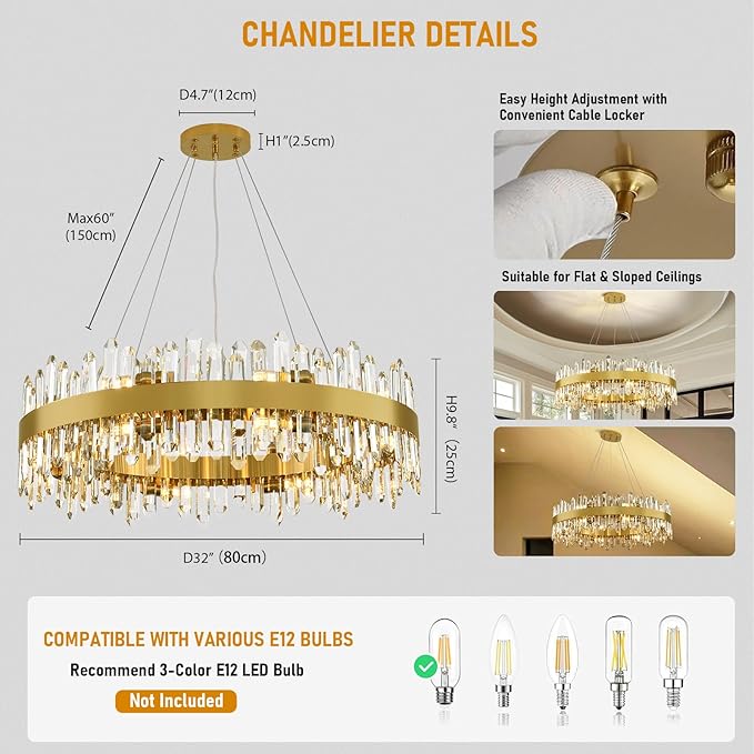 Modern Crystal Chandelier, 16-Lights Round Chandelier for Dining Room 2 Tiers, 32'' Gold Adjustable Raindrop Chandeliers for Bedroom, Dining Chandeliers Over Table for Living Room, Bathroom
