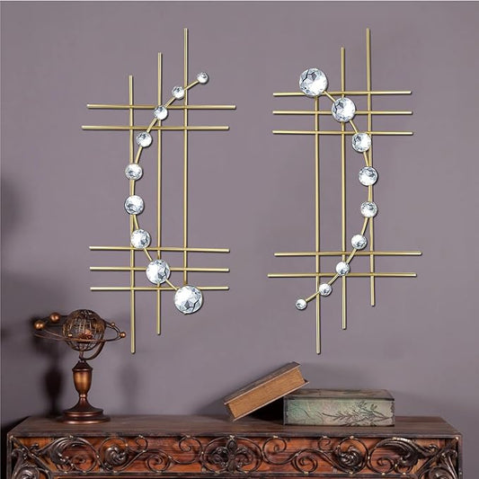 ZEXUIRU 2 Set Bling Metal Wall Art Jeweled crystal Hang wall Decor Rhinestone Diamond Iron Abstract Wall Sculpture Gold