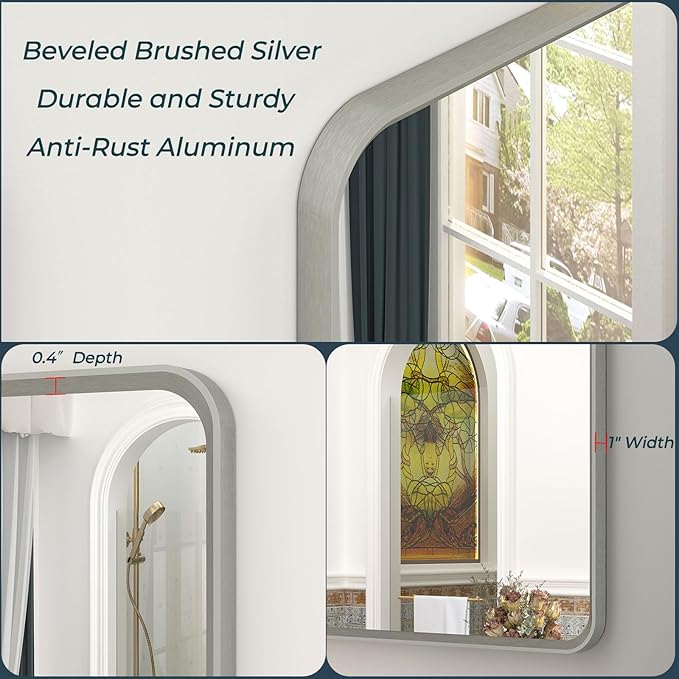 OKPAL 40 x 36 Silver Bathroom Mirror, Brushed Nickel Bathroom Vanity Mirror, Rounded Rectangle Beveled Silver Framed Mirror, Anti-Rust, HD Tempered Glass Wall Mirror(Horizontal/Vertical)
