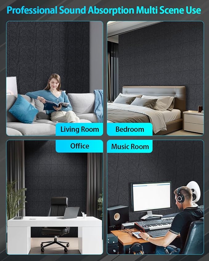 12 Pack Acoustic Wall Panels Self-Adhesive, 12" X 12" X 0.5" Decorative Acoustic Panels, Soundproof Wall Panels for Studio, Home & Living Room, Polyester - Triangle Black