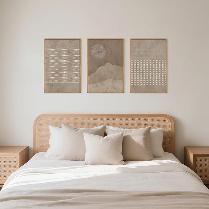 Large Mid Century Tan and Beige Framed Canvas Wall Art,Neutral Lines Dots Wall Decor,Abstract Sunset and Mountain Artwork,Boho Textured Shapes Art Print for Living Room,Bedroom,Office-24"x36"x3