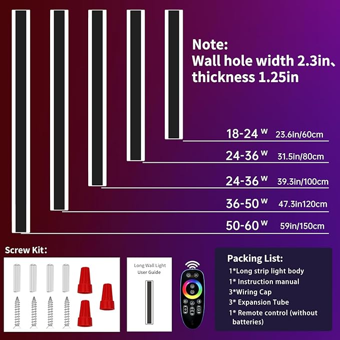 Mikeru Modern RGB 7-Color Dimmable Wall Light, 47 inches, Aluminum & Acrylic, IP65 Waterproof, Remote Control, Suitable for Outdoor/Indoor Wall Lighting