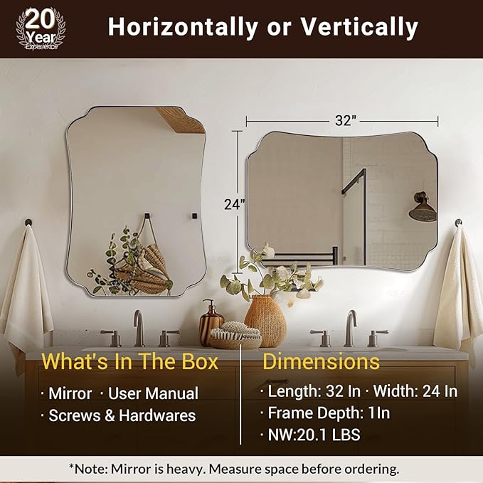 ANDY STAR 24"x32" Brushed Nickel Mirror, Scalloped Bathroom Wall Mirror with Metal Frame for Vanity, Vintage Design Ideal for Entryway, Living Room & Bedroom Decor