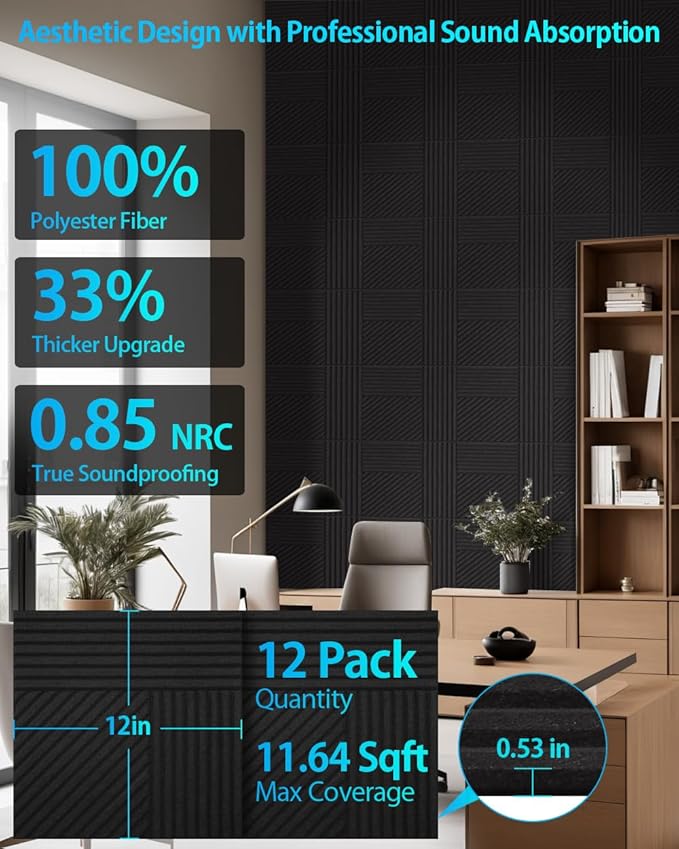 12 Pack Acoustic Wall Panels Self-Adhesive, 12" X 12" X 0.5" Decorative Acoustic Panels, Soundproof Wall Panels for Studio, Home & Living Room, Polyester - Rectangle Black