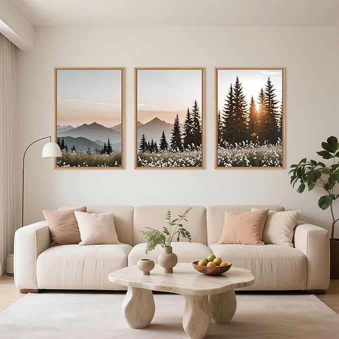 Large Mountain Sunlight Calming Framed Canvas Wall Art Set,Boho Nature Pine Tree Landscape Wall Decor,Modern Sunrise Forest Art Printing for Living Room,Bedroom-24 x36 x3