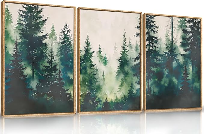 Misty Forest Landscape Framed Canvas Wall Art Set, Nature Green Pine Tree Wall Decor, Calming Greenery Boho Scenery Artwork Watercolor Modern Foggy Print for Living Room,Bedroom-16 x24 x3