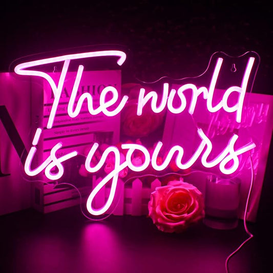 Lucunstar The World Is Yours Neon Signs Wedding Led Sign Pink Neon Light Up Party Bar Engagement USB Powered Led Sign for Wedding Decor Bedroom Signs for Wall Decor Light
