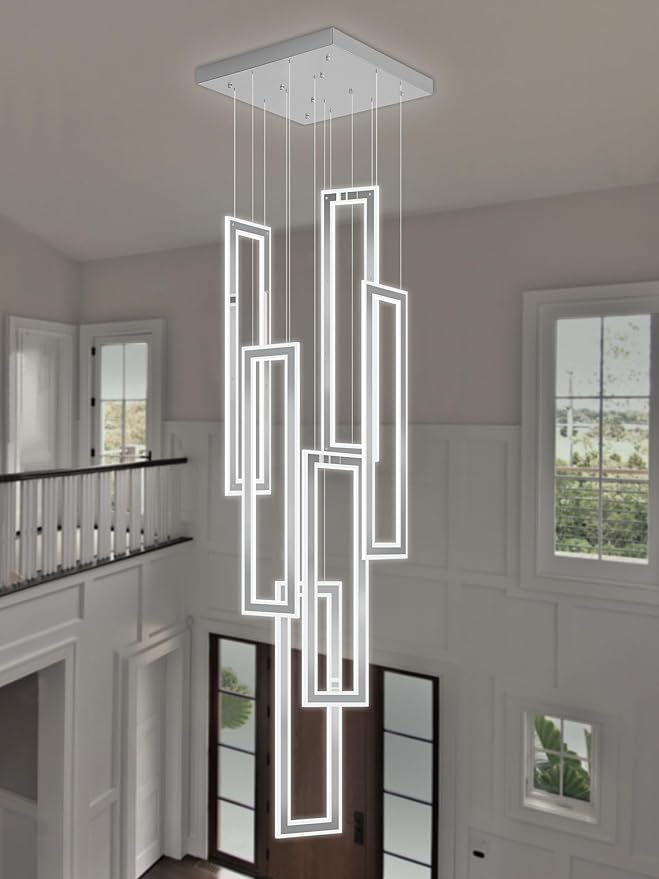 Modern Chandelier, Rectangle Chandeliers with 6 Ring Led Foyer Chandeliers,Larger High Ceiling Chandelier for Living Room,Entryway Staircase LED Dimming 2700k-6000k