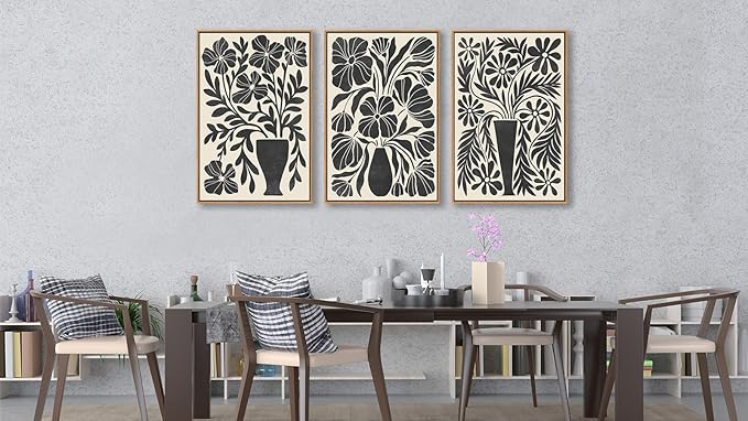 arteWOODS Botanical Framed Wall Art - Neutral Abstract Pictures Vintage Boho Floral Wall Decor Black Beige Minimalist Prints Aesthetic Vase Flowers Painting Artwork 20" x 28" Set of 3 Natural Framed