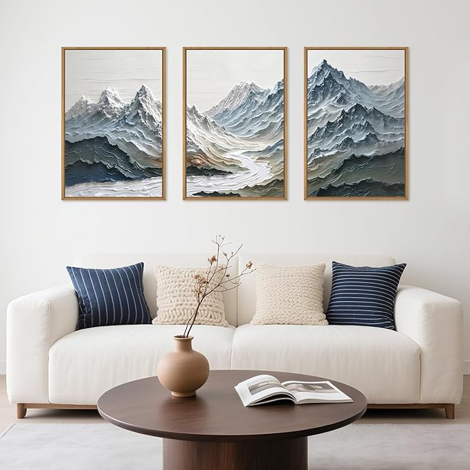 Large Snow Mountain River Framed Canvas Wall Art Set,Modern Abstract Nature Landscape Wall Decor,Neutral Blue and White Ridge Scenery Artwork for Living Room,Bedroom,Office-16 x24 x3