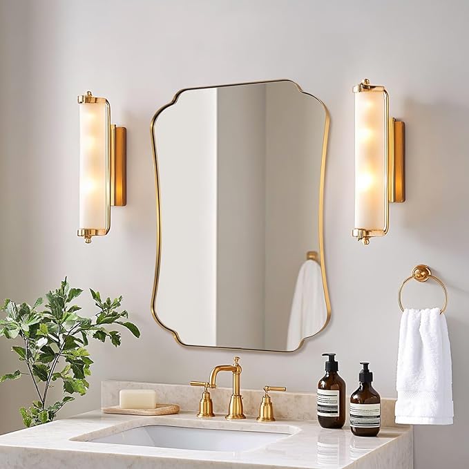ANDY STAR 24"x32" Gold Mirror, Brushed Brass Scalloped Wall Mirror, Bathroom Wall Mirror with Stainless Steel Metal Framed Ideal for Bedroom, Hallway