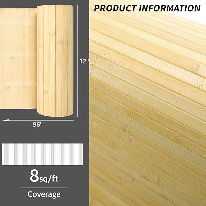 Art3d Natural Bamboo Wall Panel for Interior Wall Decor, Renewable Pole Wrap Wainscoting Paneling for Wall Ceiling Furniture Cabinet Office, 12 x 96 Inch, 2-Pack - Raw
