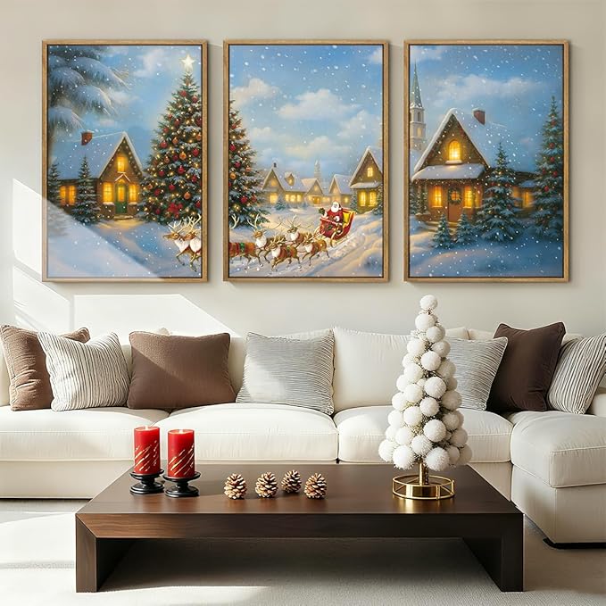 BINCUE Christmas Wall Art Framed Santa Claus Wall Art Decor Santa Winter Wall Painting for Living Room Bedroom Dining Room 16x24 Inches Set of 3