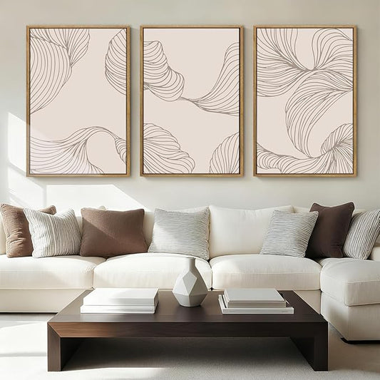 BINCUE Framed Neutral Beige Wall Art Modern Abstract Art Decor Minimalist Artwork for Living Room Bedroom Office 16x24 Inches Set of 3