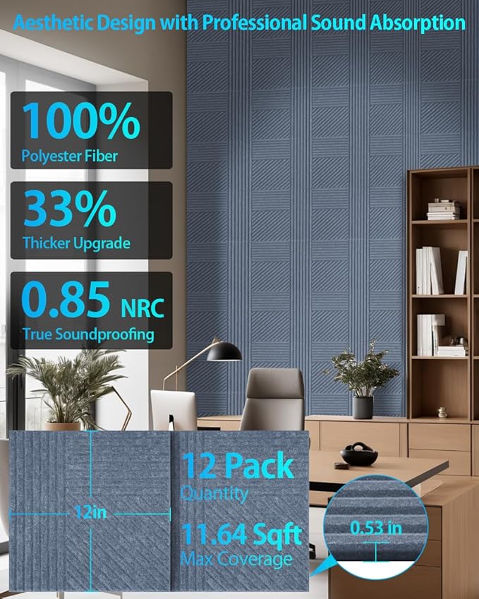 12 Pack Acoustic Wall Panels Self-Adhesive, 12" X 12" X 0.5" Decorative Acoustic Panels, Soundproof Wall Panels for Studio, Home & Living Room, Polyester - Rectangle Cement Gray