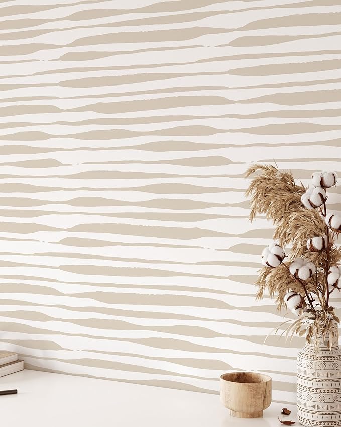 Beige Stripes Shibori Wallpaper | Removable Self Adhesive Hand Drawn Wallpaper | Customizable Geometrical Lines Peel and Stick Wall Decor (1 roll 24" W x 108" H)
