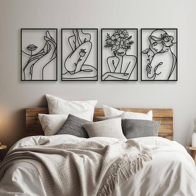 Bakovity Black Metal Wall Art, Abstract Flower Line Sculpture, Black Minimalist Modern Wall Decor for Living Room, Bedroom, Bathroom (4 Pieces, 22.5x15.7 Inches)