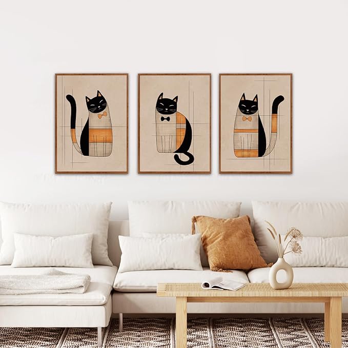 LHIUEM Boho Black Cats Wall Decor Vintage Cat Pictures Wall Art Set of 3(12”X16”) Whimsical Kitten Canvas Paintings Abstract Kitty Framed Art Gift Minimalist Bow Cat Posters for Room Office Aesthetic