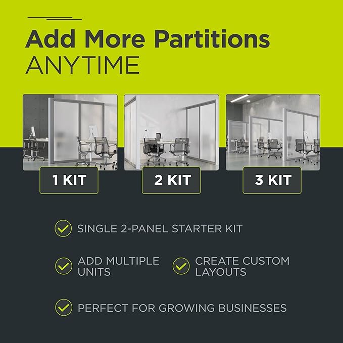 2-Panel Stationary Frosted Glass Partition Kit - Tempered Glass Privacy Wall Divider Screen for Office, Room, Cubicle, Desk - Commercial & Residential Separator - 4" D x 72" W x 84" H, Silver Frame