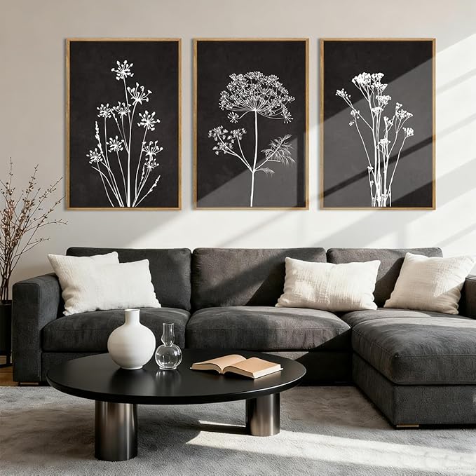 BINCUE Extra Large Framed Black and White Wall Art Floral Wall Decor Botanical Paintings for Living Room Bedroom Bathroom 24x36 Inch 3 Piece