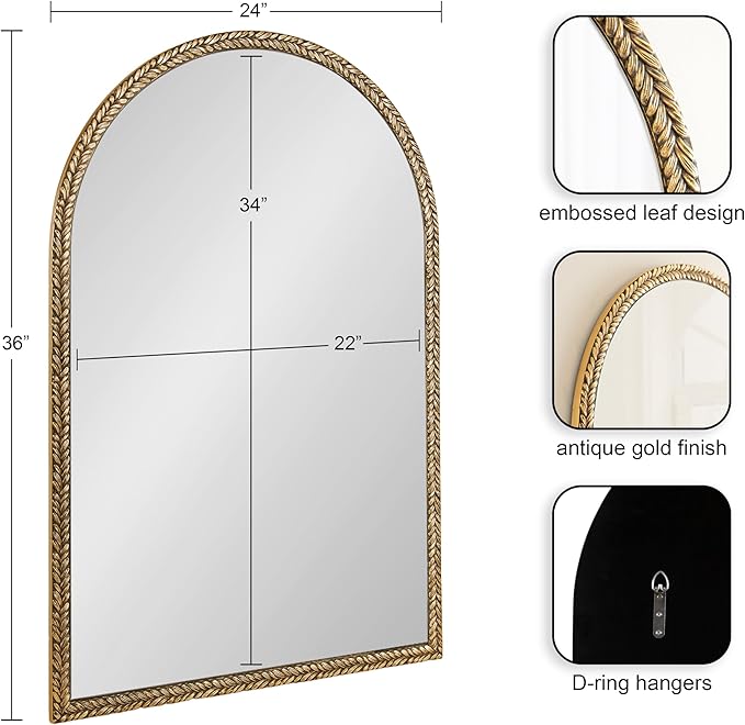 Kate and Laurel Acastis Traditional Ornate Textured Arch Mirror, 24 x 36, Gold, Vintage Arched Wall Mirror for Use as Vanity Bathroom Mirror or Fireplace Mantel Mirror