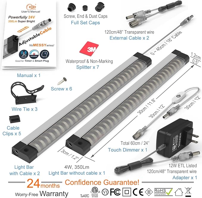 LED Under Cabinet Lighting Touch Under Cabinet Lights Built-in Adjustable Cable & External Cable 3 Panel Under Counter Lights for Kitchen 12W 1350Lm 3000K Warm White Closet Light for Timer