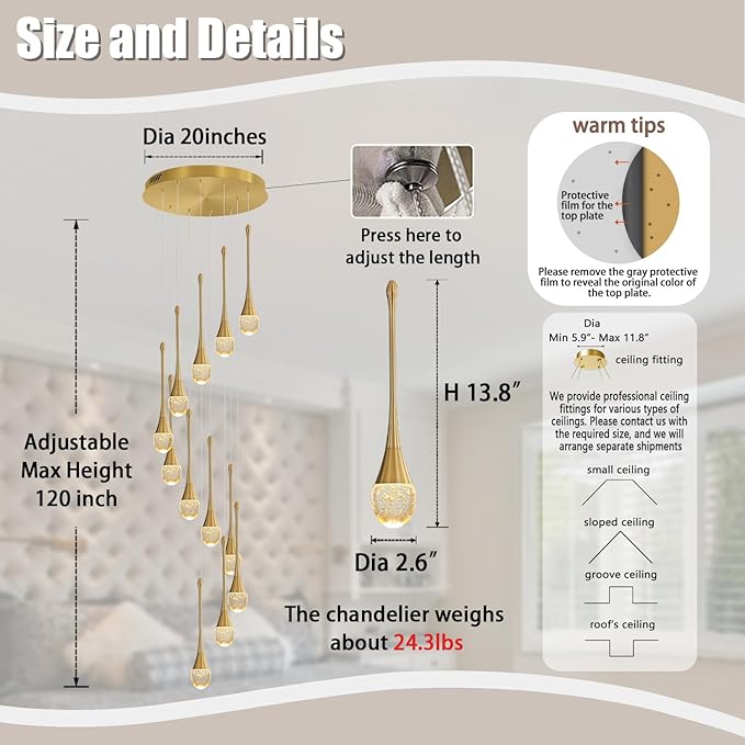 12-Lights Staircase Chandelier Gold Pendant Light Fixture for Sloped High Ceiling Raindrop Chandelier for Living Room Foyer Hallway Villa