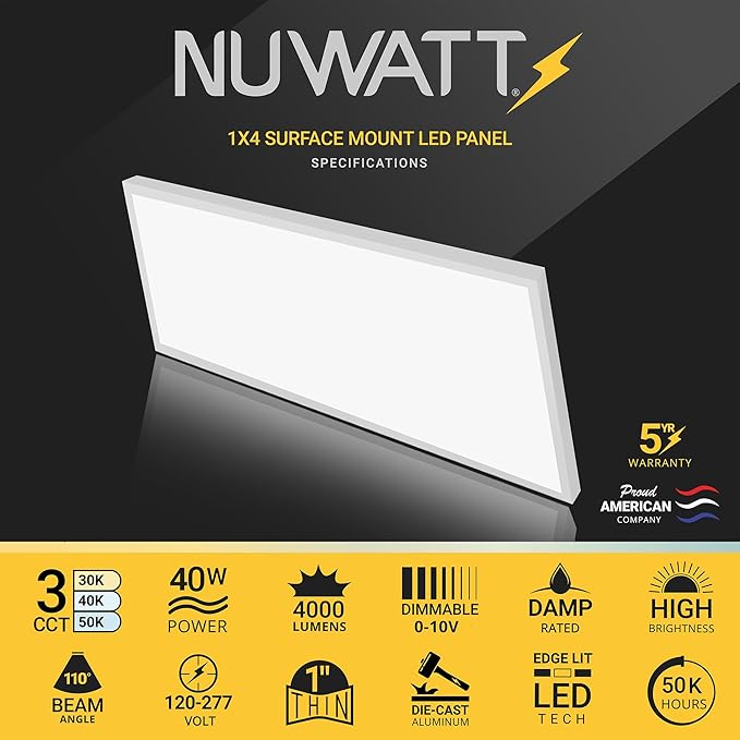 NUWATT 2 Pack 1x4 FT LED Surface Mount Panel 120-277V Universal Voltage, 3CCT 3000K/4000K/5000K Selectable, 4000LM, 40W, Internal Driver, 0-10V Dimmable, 12x48 Inch Flush Mount Ceiling Light, 1" Thick