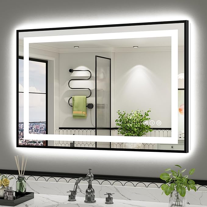 44x30 Inch LED Bathroom Mirror with Black Frame, Backlit & Front Lit, Anti-Fog Lighted Bathroom Vanity Mirror for Wall, Memory Function, Dimmable, HD Tempered Glass, Shatter-Proof