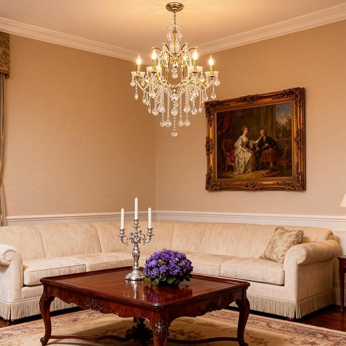 Luxury Antique Gold Crystal Chandeliers with Candle Pendant Ceiling Light Fixture - 6 Lights Polished Golden Bronze Crystal Chandelier for Dining Room, Living Room, Kitchen, Bedroom