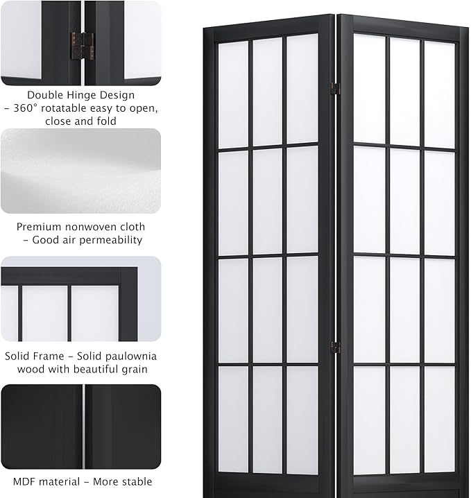 5.6FT Room Divider and Folding Portable Partition Screen, Chinese Japanese Shoji Style for Room Separation - 6 Panel (Black)