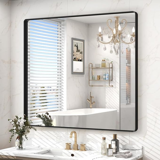 40x36 Inch Black Framed Bathroom Mirror for Wall, Black Metal Framed Mirror, Rounded Rectangle Bathroom Vanity Mirror, Anti-Rust, Shatterproof (Horizontal/Vertical)