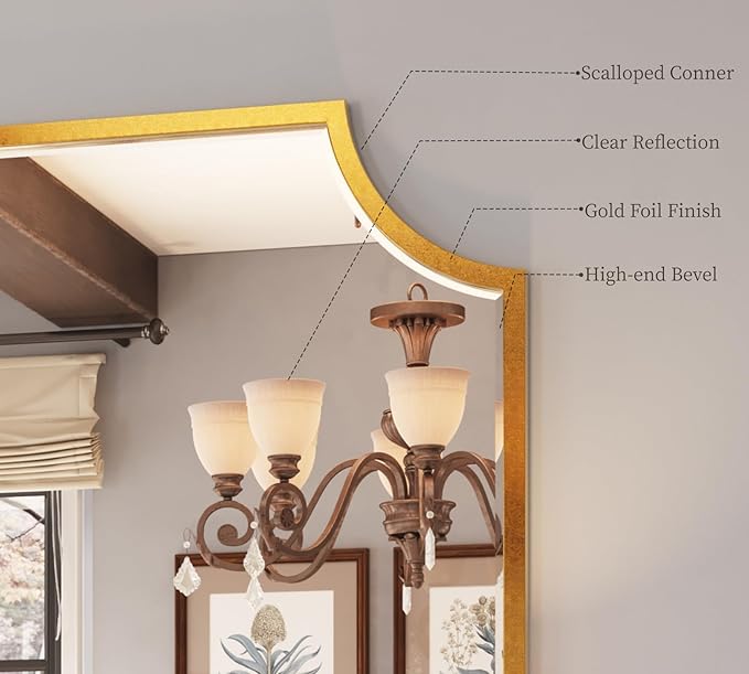 Kelly Miller Small Gold Mirror for Wall, 20"x28" Gold Bathroom Vanity Mirror Scalloped Mirror Decorative Wall Mirror Beveled for Master Bath Half Bath Living Room Bedroom Fireplace Mantle Entryway