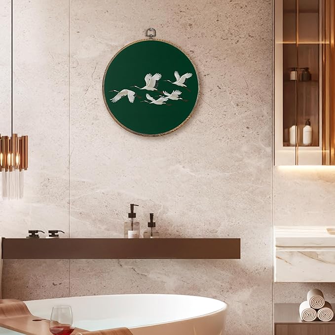 FUGWN Japanese Crane Round Wall Art Decor Framed, Japandi Canvas Artwork Prints, Dark Green Asian Oriental Japanese Crane Bird Wall Hanging Decorations for Home Bedroom Living Room, 10x10 Inch