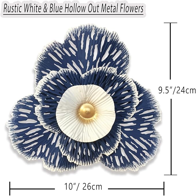 10" Metal Flower Wall Art Decor, Rustic Modern Floral Sculpture, Distressed Iron Wall Hanging Home Decoration Accent Artworks for Indoor Kitchen Bedroom Living Office Outdoor Garden Patio (36D-Blue)