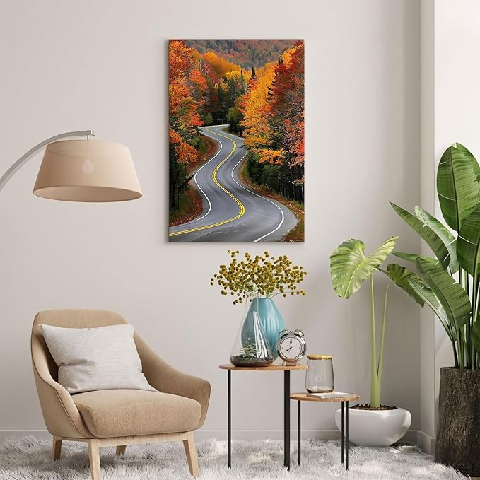Large Forest Wall Art Autumn Mountain Pictures Wall Decor for Living Room Farmhouse Country Road Landscape Canvas Prints Nature Red Orange Woodland Artwork for Kitchen Office Home Decoration 24x36"
