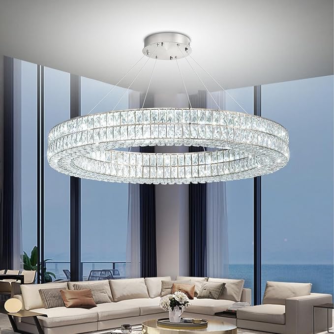 47.5in Large Ring Chandelier Round Crystal Chandelie for Living Room Led Dimmable Ring Pendant Light Ceiling Lighting 2700k-6000k