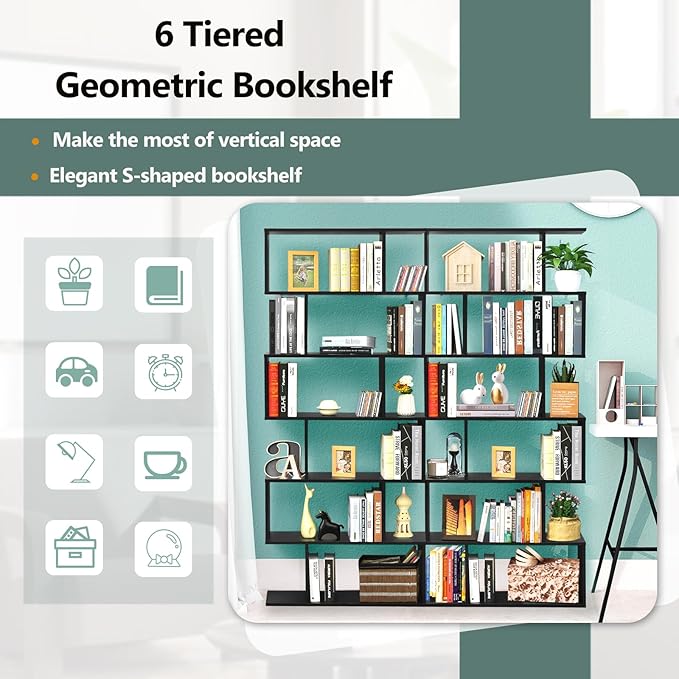 6 Tier Geometric Bookcase, S Shaped Bookshelf, Book Shelf Room Divider, Wood Freestanding Display Shelves, 75 Inch Staggered Bookshelf for Bedroom Living Room (2, Black)