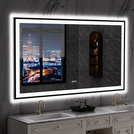 LOAAO 77"X36" LED Bathroom Mirror Black Framed, Anti-Fog, Dimmable, Lighted Bathroom Vanity Mirror for Wall, Memory Function, Tempered Glass