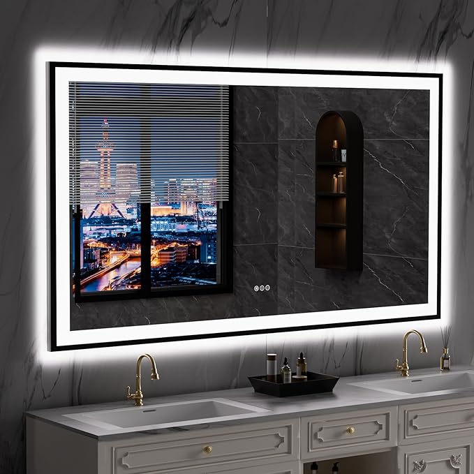 LOAAO 72"X40" LED Bathroom Mirror Black Framed, Anti-Fog, Dimmable, Lighted Bathroom Vanity Mirror for Wall, Memory Function, Tempered Glass